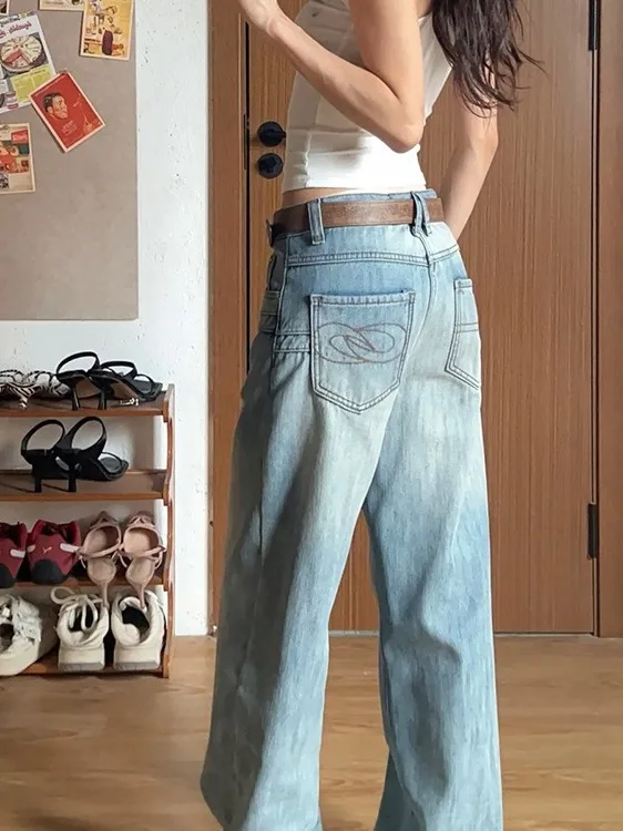 

Джинсы женские в американском стиле, выбеленные, с высокой талией, прямые, зауженные, для повседневной носки, винтажный стиль, весенняя новинка