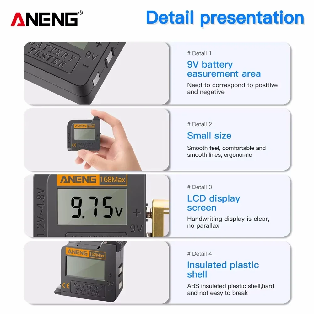 ANENG 168Max Digital Lithium Battery Capacity Tester Universal Test Checkered Load Analyzer Display Check AAA AA Button Cell