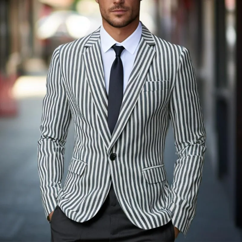 

KIDWHXR Suit Coat Man Slim Striped Single-breasted Business Casual Male Blazer Korean Long Sleeve Versatile Men Outerwear