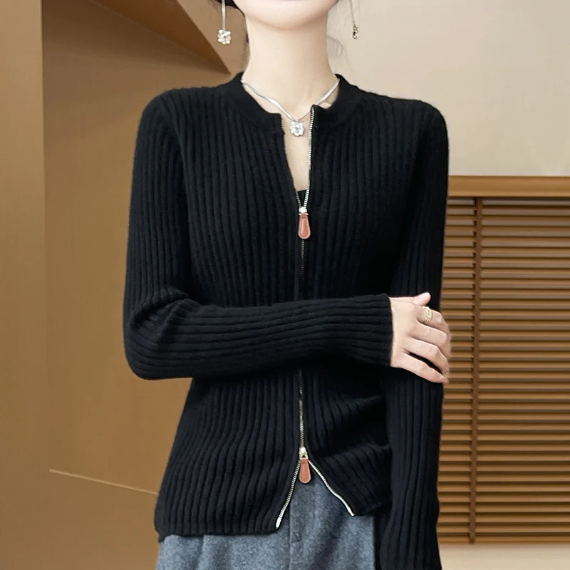 Women\'s Cardigan Autumn/Winter 100% Pure Wool Sweater Thickened Casual Zipper Knitted Clothes Round Neck Fit Tops Basic Blouse