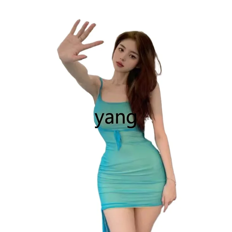 

LMM summer nightclub drawstring neck mesh suspender dress tight hip wrap short skirt women