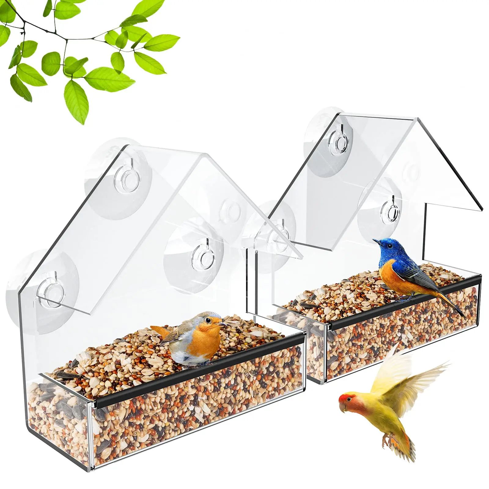 2 Pack Samll Window Bird Feeder, Clear Window Bird Feeders with Strong Suction Cups, Bird House for Outside Wild Birds