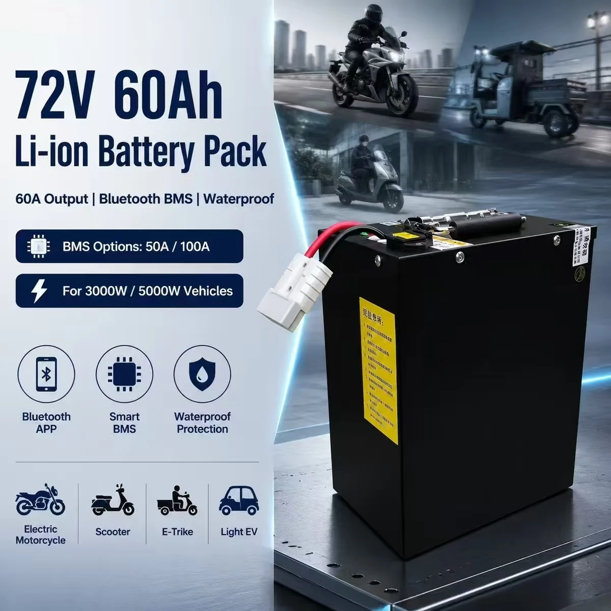 72V 60Ah 60A li-ion lithium Polymer battery Pack No 50Ah 70Ah with 50A 100A Bluetooth BMS power 3000W 5000W Elektromotorrad