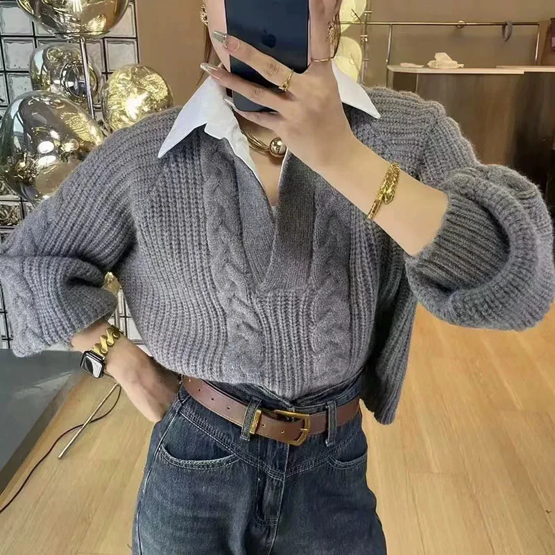 

Fashion Fake Two Pieces Knitted Pullovers Women Korean Patchwork Turndown Collar Sweater Female Autumn Winter Twist Knit Jumpers