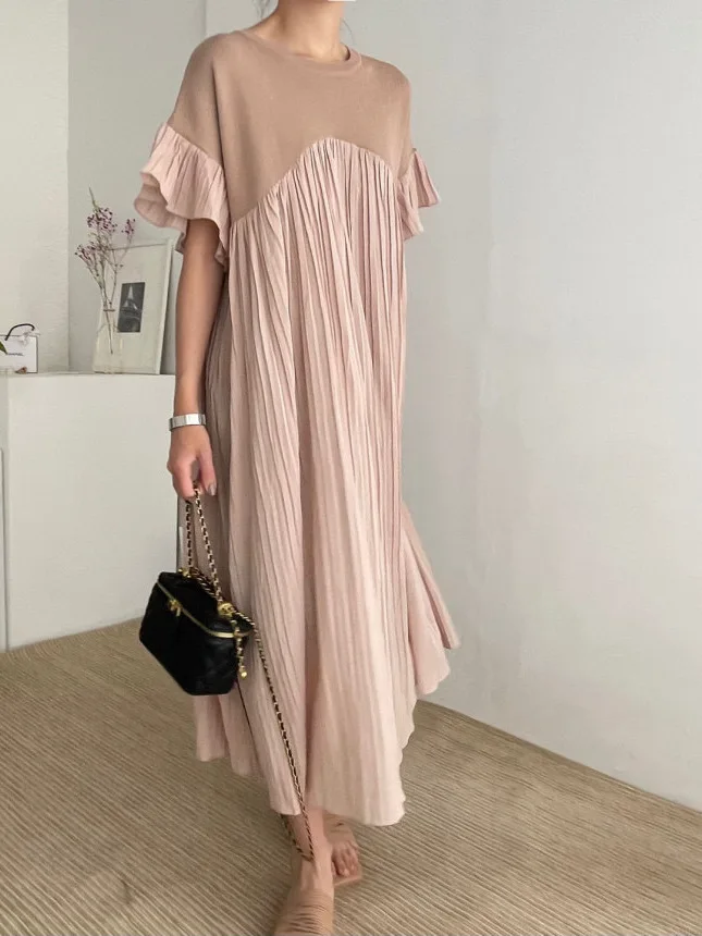 Elegant Long Dress with Pleated Skirt And Bell Sleeves Splicing Design Casual Commuter Style Cotton Material for Women
