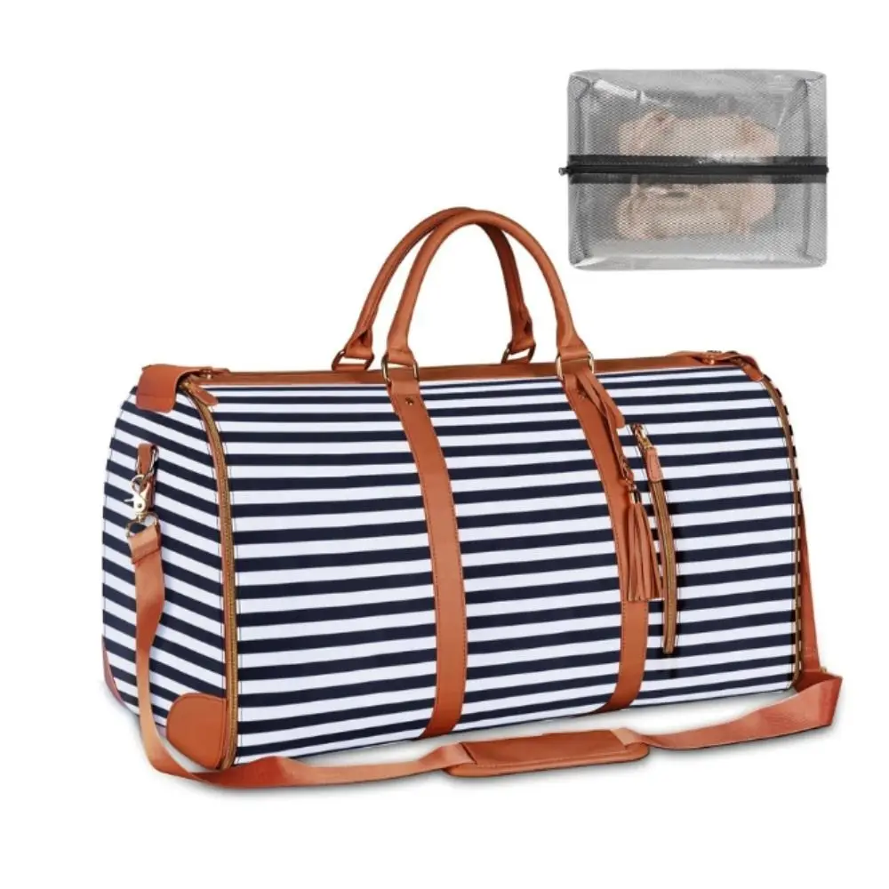 

Striped Large Capacity Travel Bag Expandable Convertible Duffle Bag PU Material Foldable Weekend Tote Bags Carry On