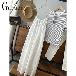 Garaouy New Spaghetti Strap White Embroidery Sexy Dresses 2024 Cotton Solid Color All Match Loose Simple Robe Dress