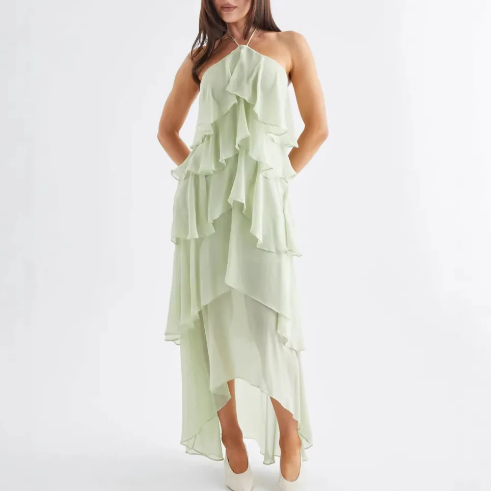 2026 Summer Vacation Style Elegant Halter Neck Three-Dimensional Cake Strap Dress For Women
