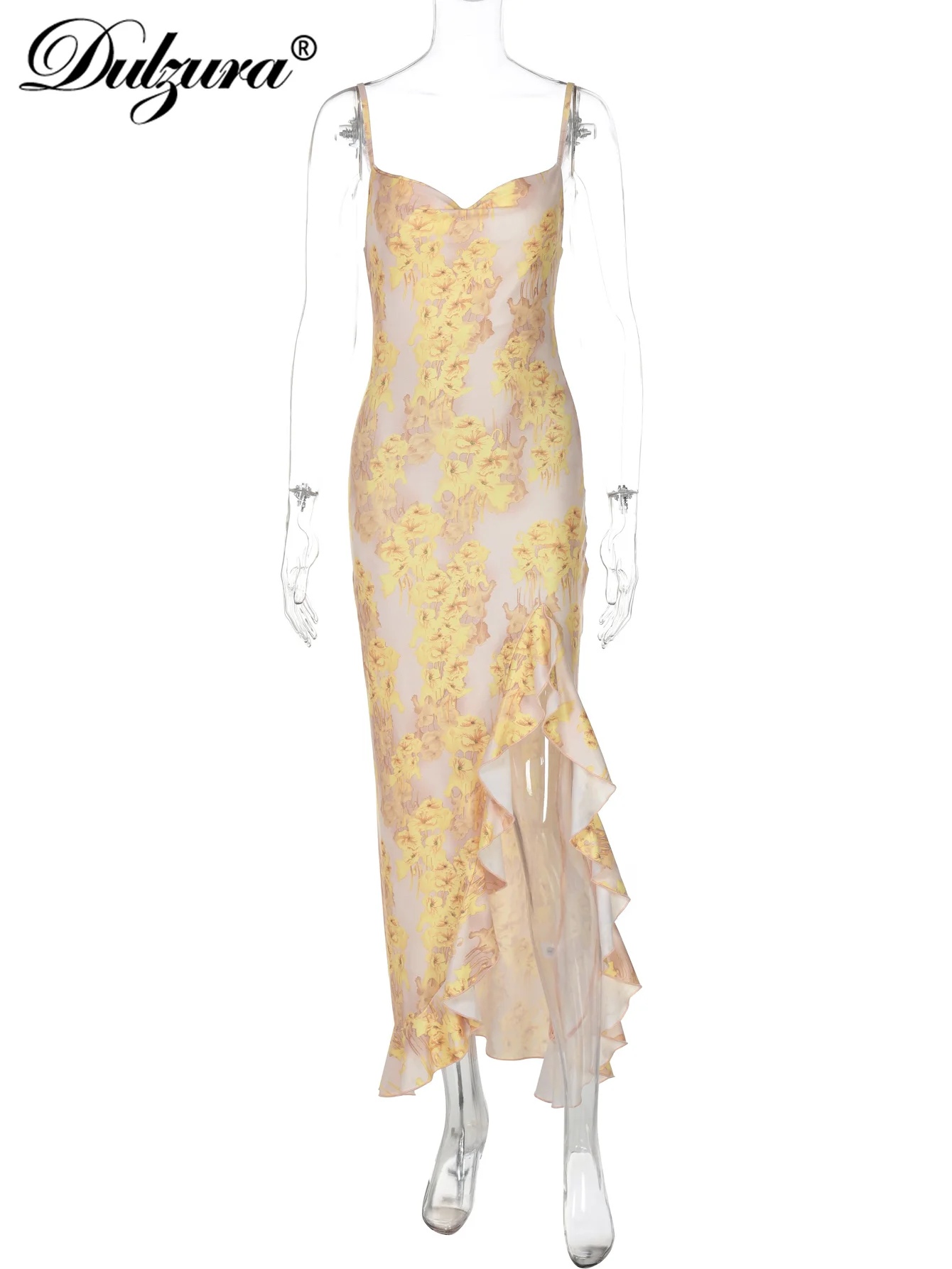 Dulzura 민소매 백리스 슬림 사이드 슬릿 프릴 프린트 캐미 맥시 드레스 섹시한 우아한 캐주얼 롱 드레스 파티 클럽 스트리트 의상