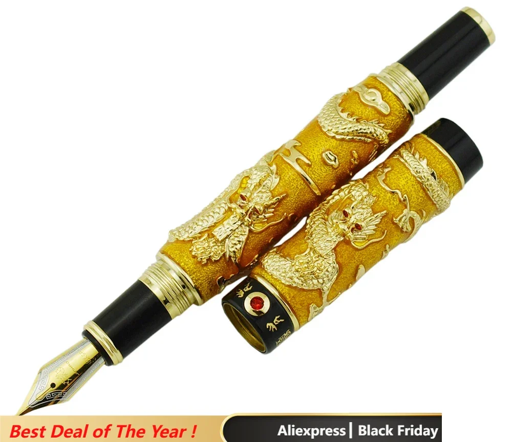 Jinhao Gold Cloisonne Double Dragon Fountain Pen Iridium Medium Nib Advanced Craft Writing Gift Pen for Business, Graduate