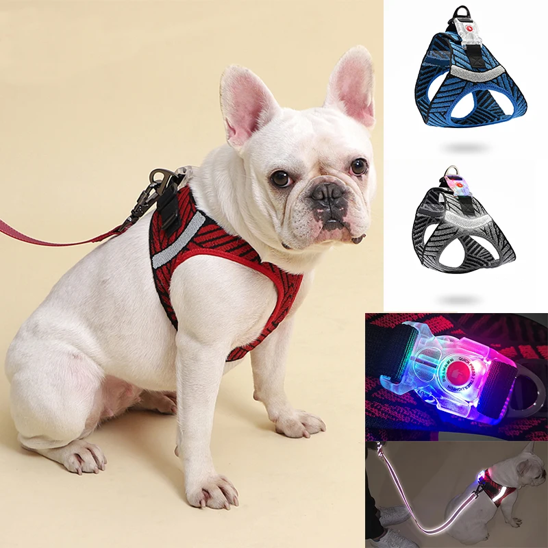 Dog Harness Leash Combo Durable Reflective Pooch Training Vest Light Knitted Dogs Collar with LED Buckle Pulling Gear Equipment