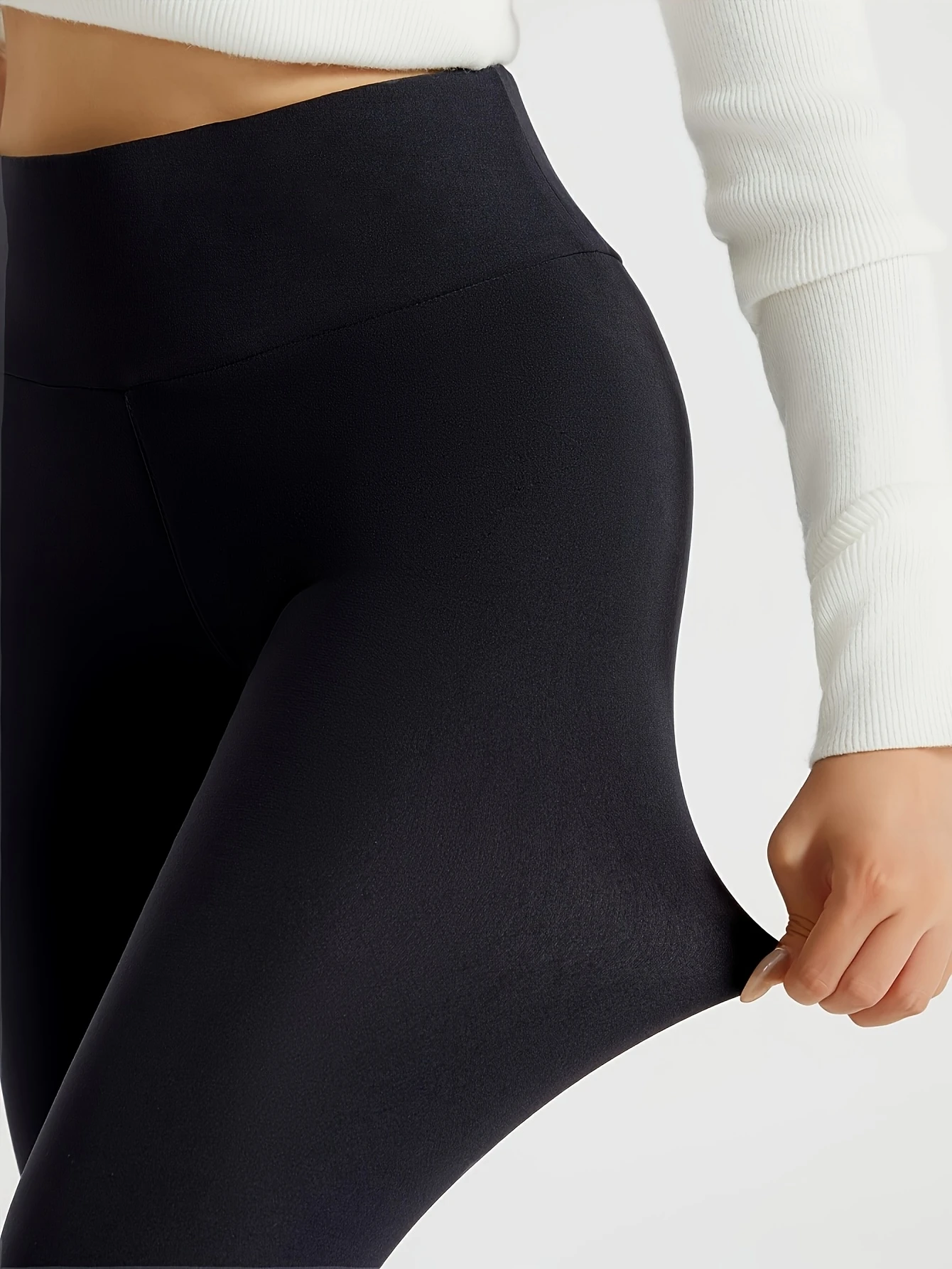 Order ONE SIEZ LARGE Women's Winter Warm Thickened High Waist Leggings - Full-Length Tummy Control Slim Fit Workout Pants, Solid Black/Charcoal Grey, Machine Washable, Comfortable Leggings For Women, Super Soft Leggings With Pockets For Women, Stretchable view 2
