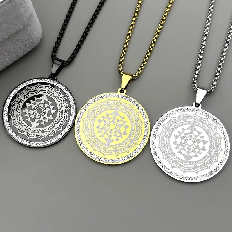 

Hinduism Mandala Flower Sri Yantra Pendant Necklace Women Men Stainless Steel Gold Color Crystals Necklaces Meditation Jewelry