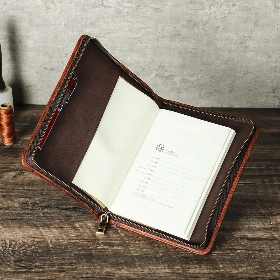 Luxuriöser Retro Handgefertigter Rindsleder-Bucheinband A5 Notizbuch-Hülle mit Stift- und Telefonhalter, Journal, Büro-Tagebuch, Reise-Portfolio – Detail 7