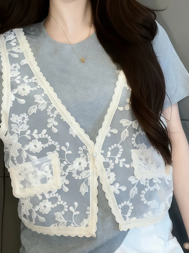 Dentelle épissure pur coton ort Sve T-shirt femmes faux deux pièces été nouveau Sle trajet coréen coupe ample rond Ne haut