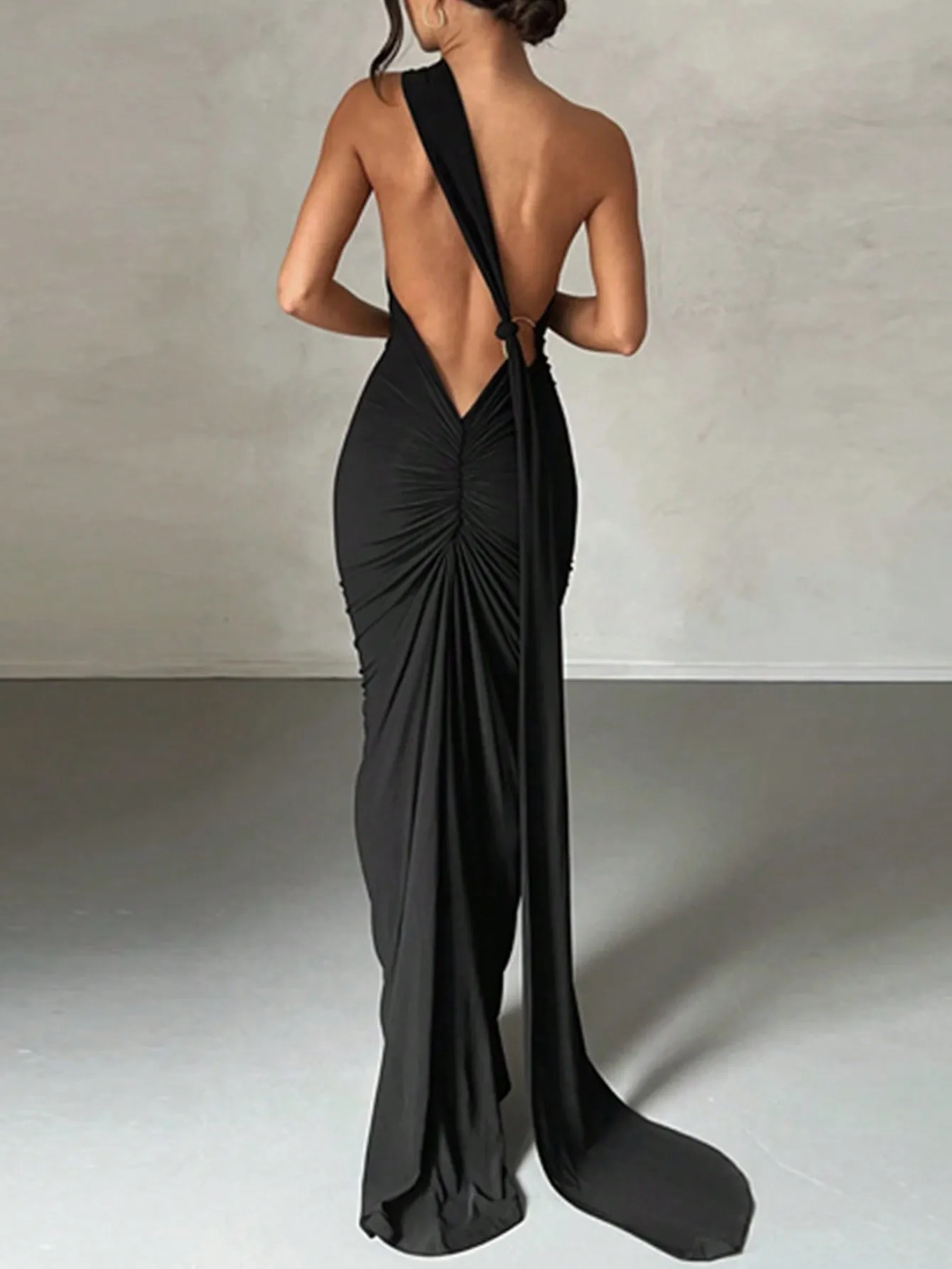 

Draped Detail Backless One Shoulder Slit Thigh Dress
