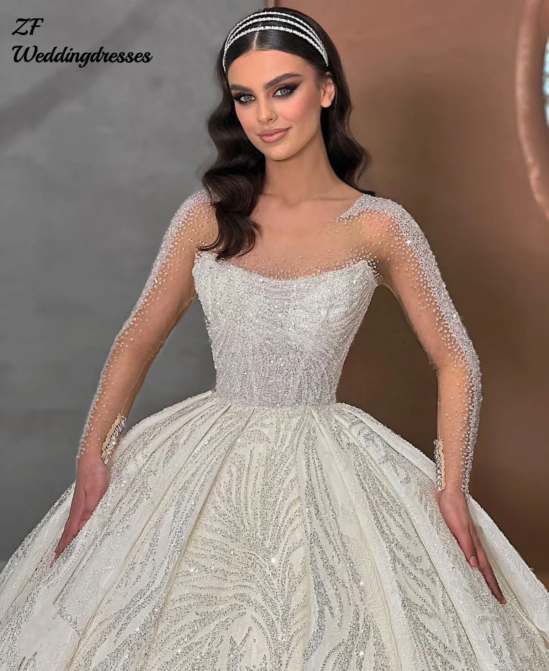 Robe De mariée trapèze De luxe personnalisée, brodée avec perles, robe De bal, manches longues, col carré, boutons De mariée