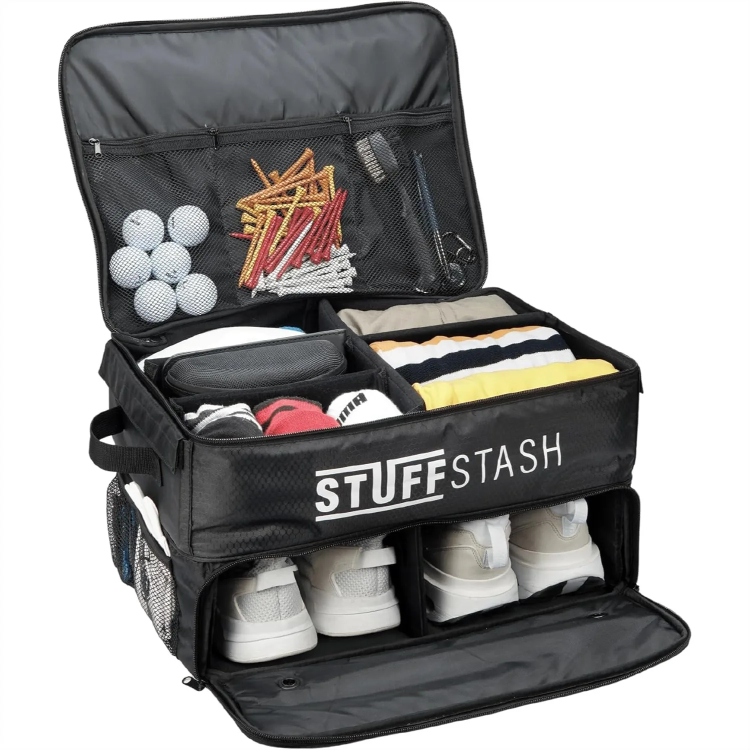 

Golf Trunk Organizer for Car, Rigid Heavy Duty Won't Collapse, Ventilated Shoe Compartment, Adjustable Dividers & Mesh Pockets