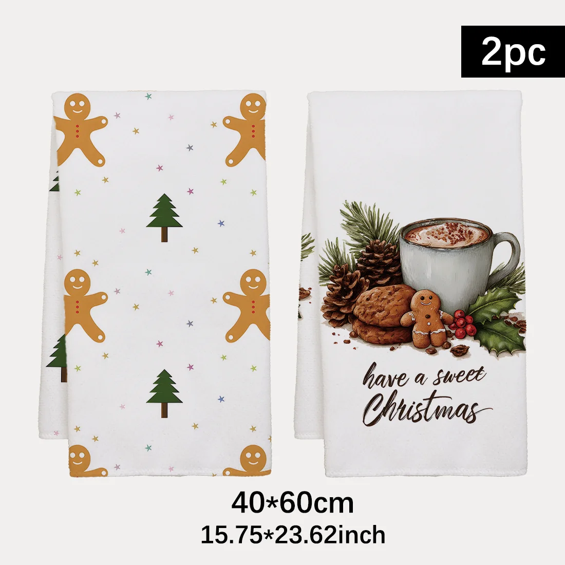 2PCS Christmas Gingerbread Man Cocoa Pinecone Kitchen Towel Dish Cloths Holiday for Kitchen Towel Decoration 40x60cm