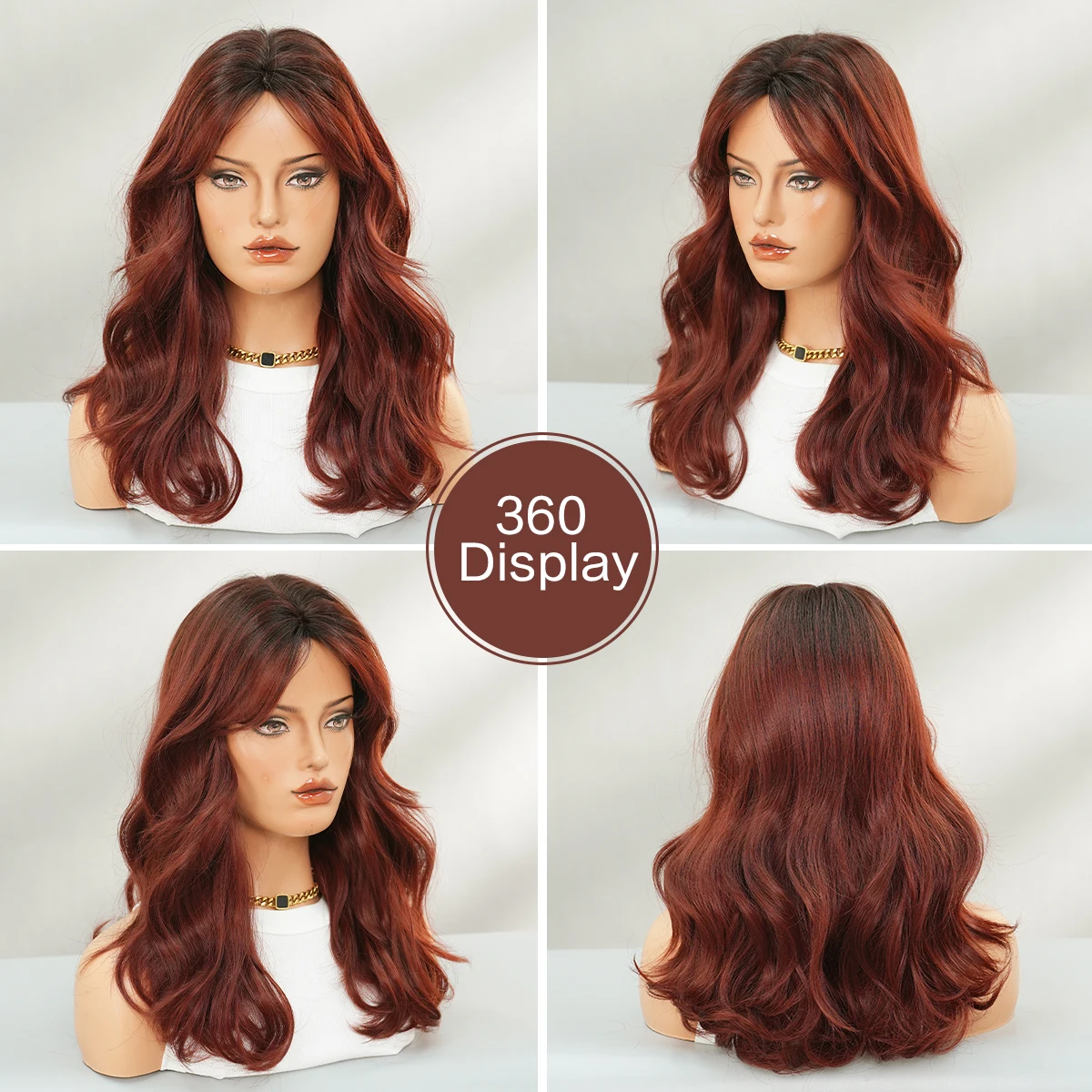 Shoulder Length Body Wave Wine Red Wig for Women High Density Synthetic Layered Modest Fashion Middle Part Wigs with Dark Roots - view 5