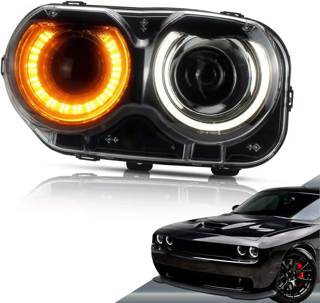 Led Headlight Compatible with Dodge Challenger 2015-2019 w/Dual Beam Lens Projector w/White DRL D2S/ D2H Bulbs (Not Includ