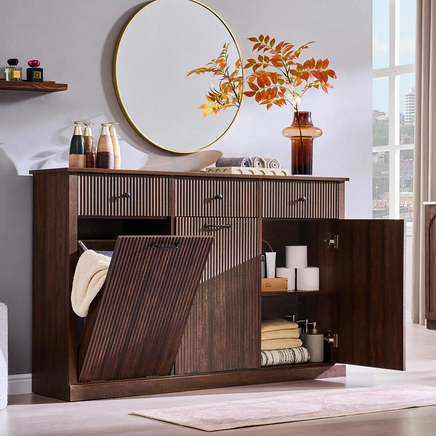 Triple Tilt Out Laundry Hamper Cabinet Trash Can Cabinet Brown Customized