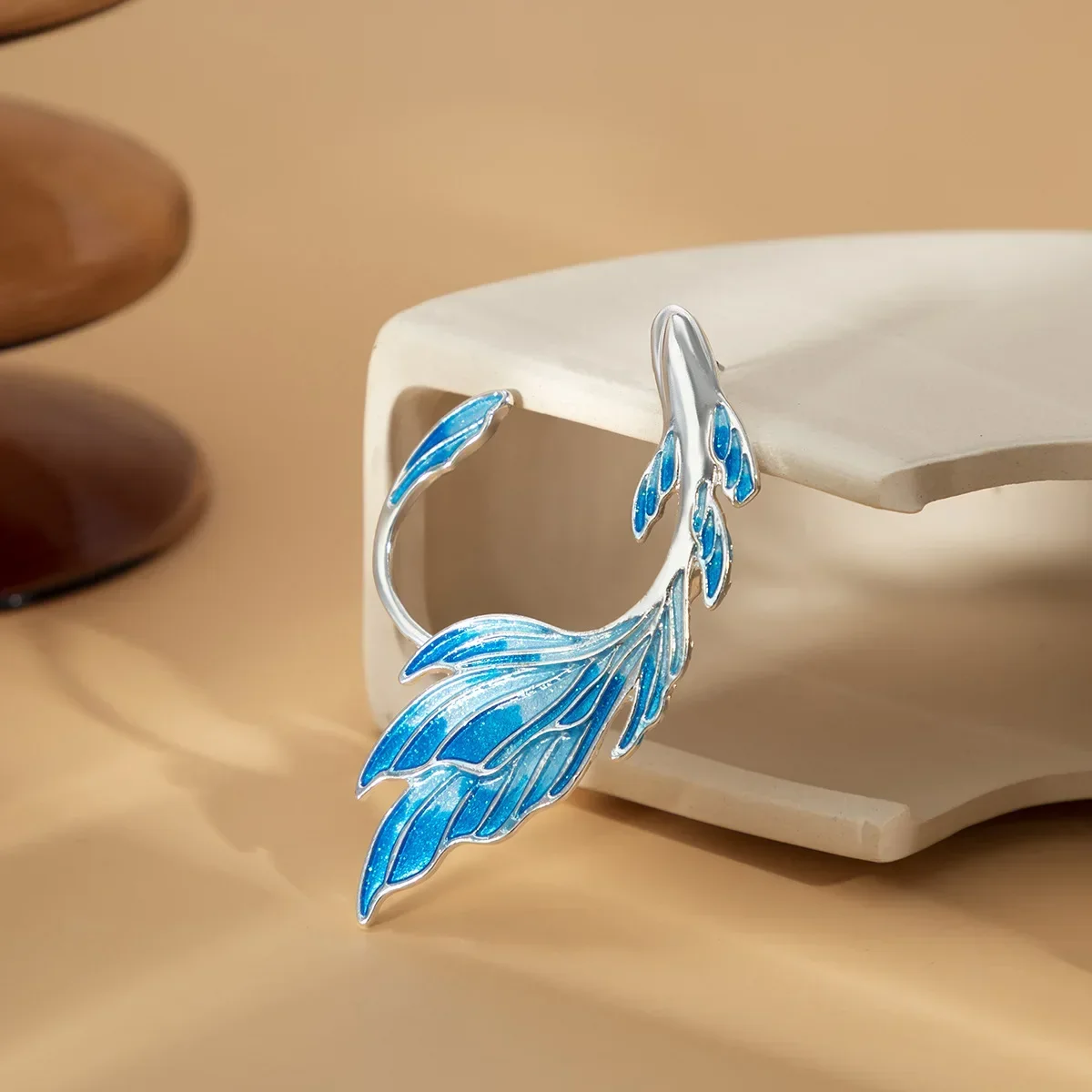 Luxury Blue Painted Elf Ear Accessories for Women Fish Ear Clip Earrings Fairy Wings Without Piercing Earrings Wedding Jewelry