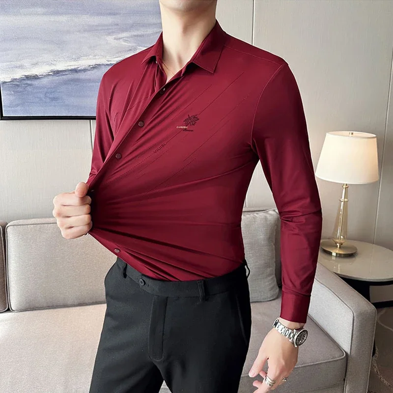 

Plus Size 5XL High Elasticity Long Sleeve Shirts Men Spring Korean Slim Fit Mens Shirt Blouse Business Social Camisas De Hombre