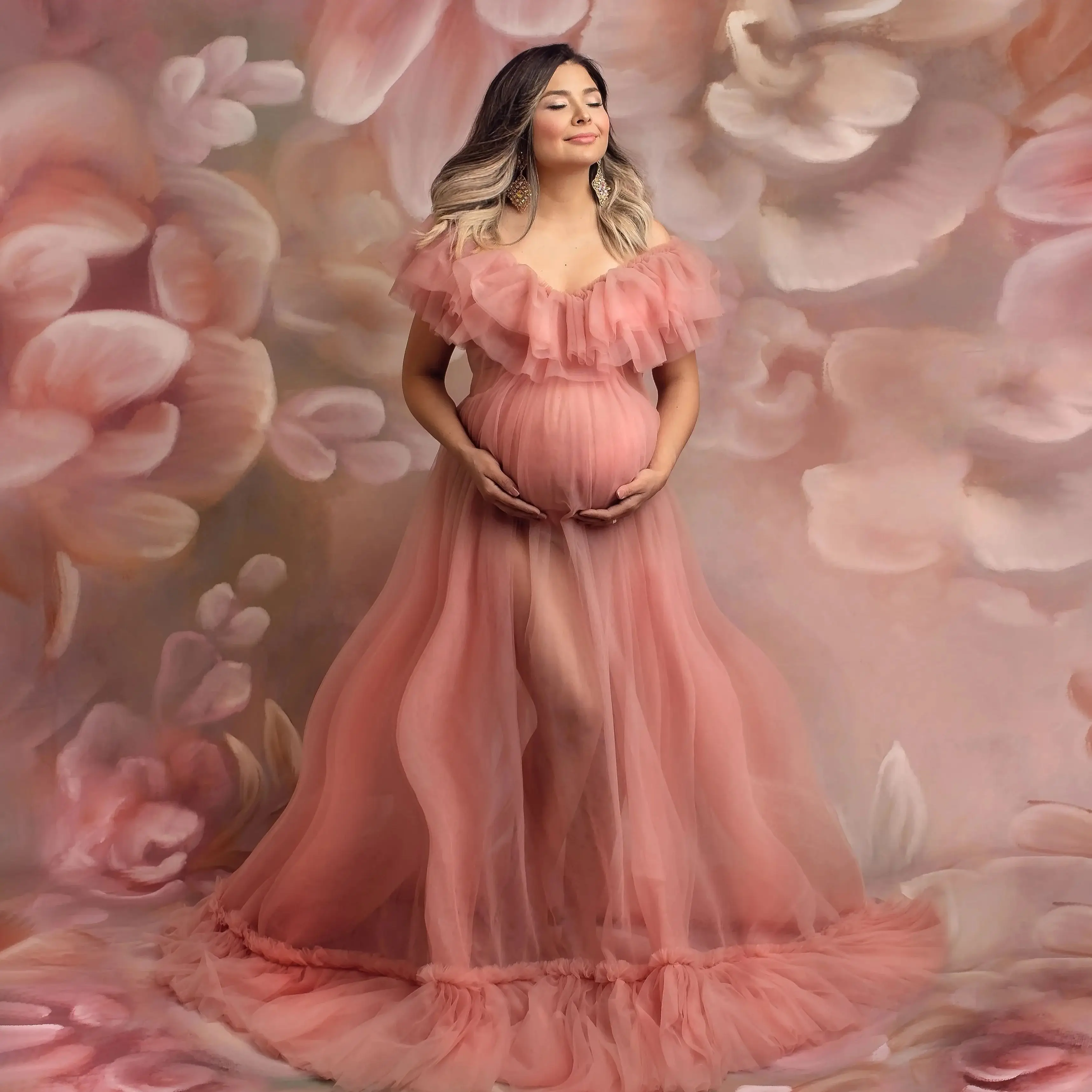 

Pink Maternity Robes for Photoshoot Off Shoulder Gala Dresses Sexy Tulle Sleeveless Prom Vestidos Babyshower Dressing Wear