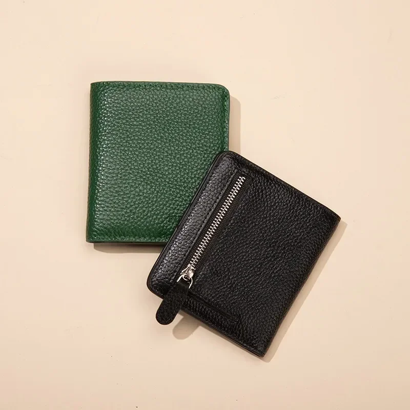 Carteras de cuero genuino para mujer, monederos de piel de vaca, cartera pequeña corta y delgada con botones, tarjetero para mujer, monedero