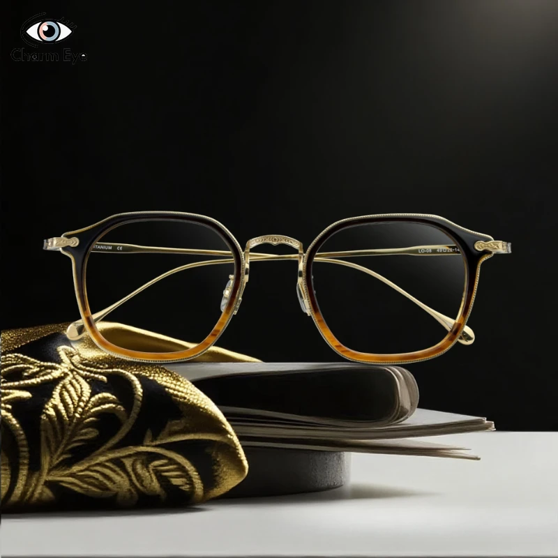 التدرج الشاي الذهب نظارات الرجال اليدوية التيتانيوم النقي مربع البصرية خلات النظارات الإطار النساء قصر النظر القراءة مكتب النظارات #2