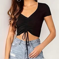 Short Sleeve Drawstring Crop Top for Women Teen-girl V-Neck Tie Front Rib-knit Tee Shirt Summer Casual Outfit