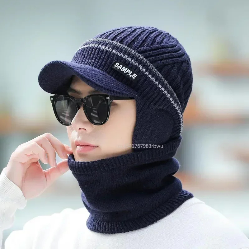 Winter Knitted Visor Hat for Men Pullover Hat Scarf Ski Mask Fleece Lined Women Thick Warm Beanie Hat Balaclava Knitted Hats Cap