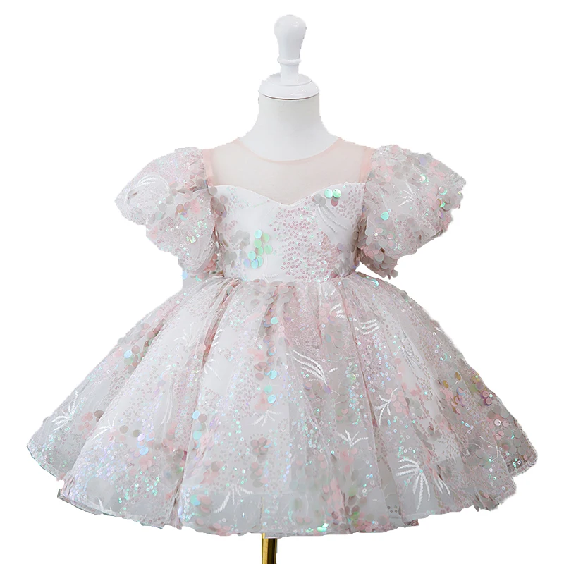 Robe de soirée à paillettes brillantes exquises pour filles, robe de Rhde performance à col rond pour enfants, manches bouffantes douces roses, robes de soirée de mariage, 2023