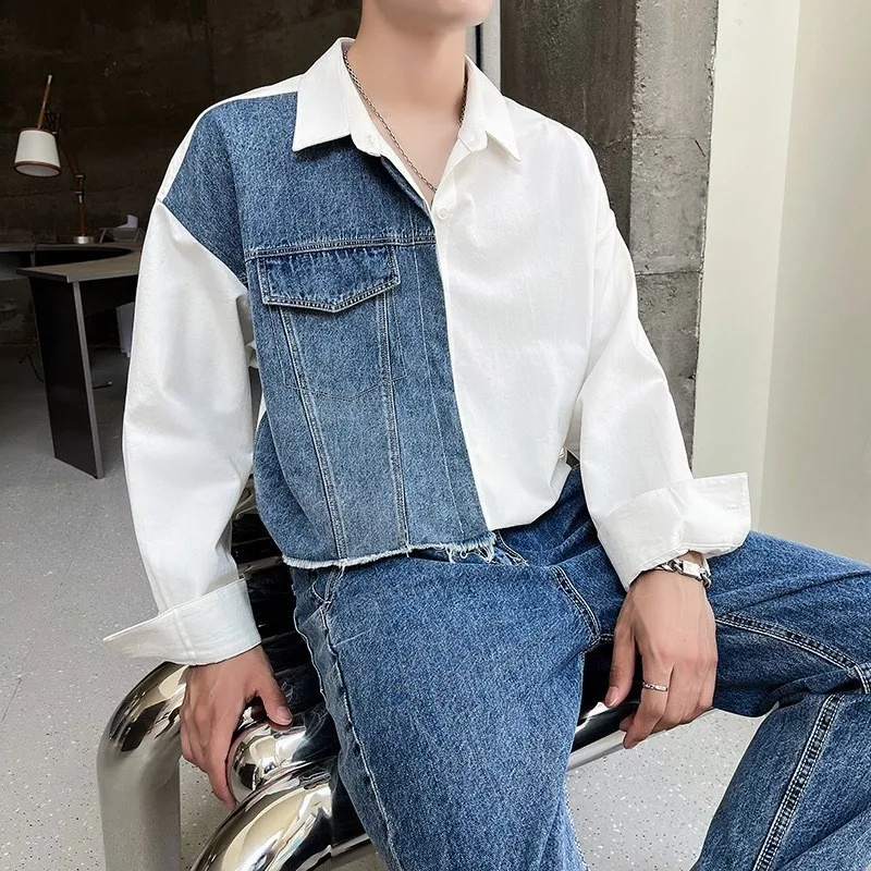 Autumn Men's Clothing Luxury Patchwork Denim Shirt Retro Solid Color Button-down Long Sleeve Streetwear Popular Clothes