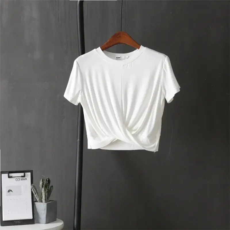 LHH Women's Modal Knot Short Sleeve T-Shirt Korean Style Slim Fit Sporty Casual Summer Top Trendy round Neck Short Length