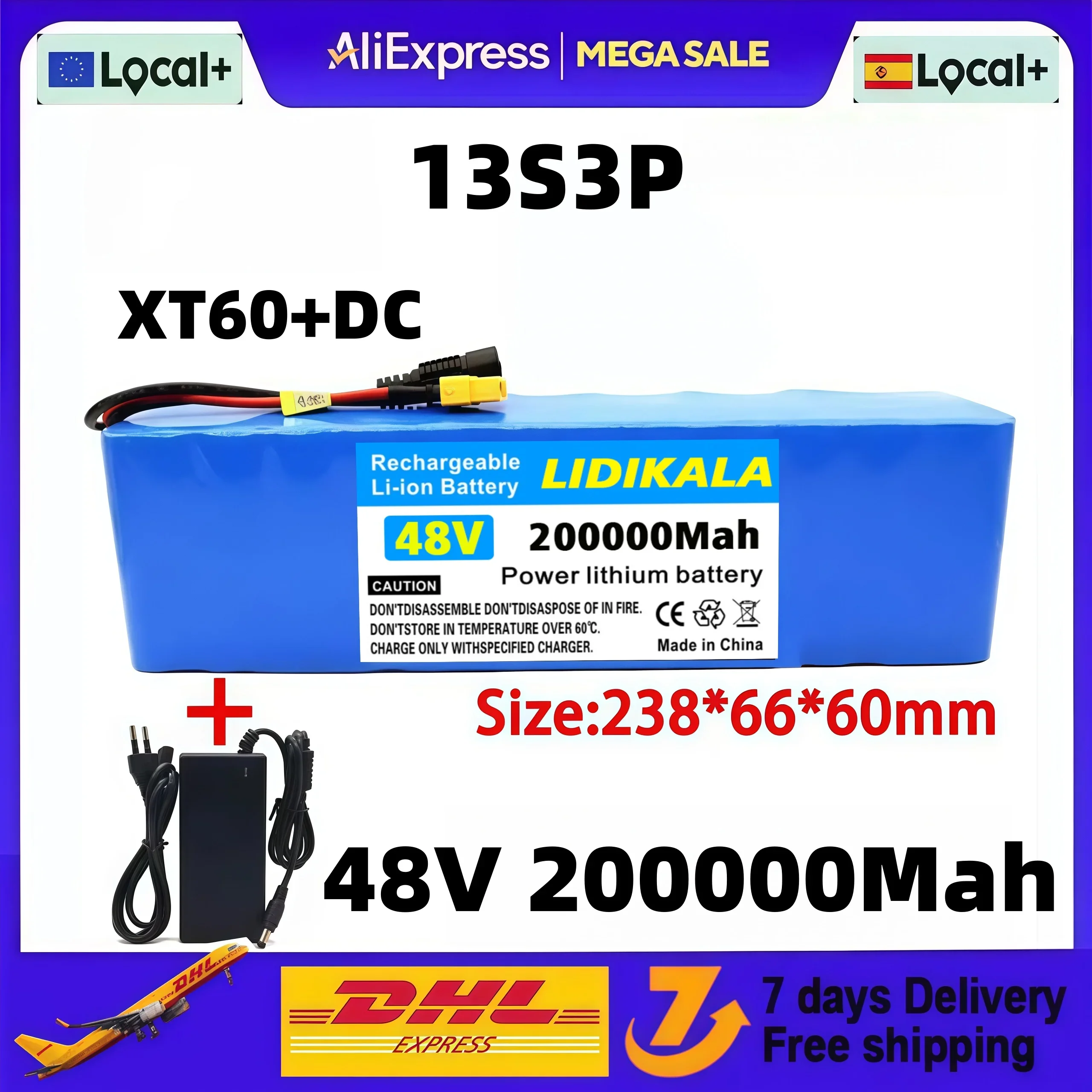 48V 200Ah 18650 wiederaufladbarer Lithium-Akku 13S3P 1500W-2000W für Elektrofahrräder, Roller und Elektrofahrzeuge mit wasserdichter Tasche