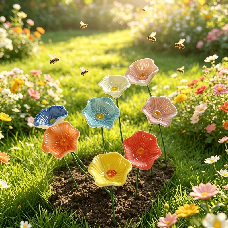 5‑Pack Random Color Ceramic Bee Water Dispenser, Ground‑Insert Simulated Flower Bee Feeder for Outdoor Garden Courtyard Decorati