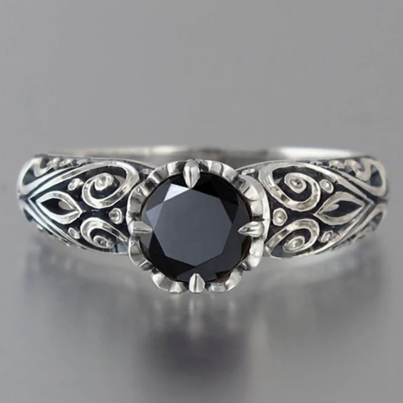 Vintage Black Crystal Flower Lines Pattern Ring For Men Jewelry Adjustable New Arrival S925 Ring Male Index Finger Accessories