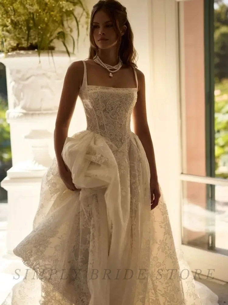 2026 A-Line Princess Lace Wedding Dress With Jacket Strap Straps or Straight Collar Vintage Square Collar Bride Gown Customized