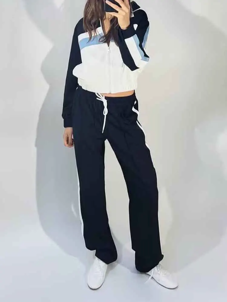

European style new arrival women's all-match color matching suit jacket with side straps and jogging pants suit