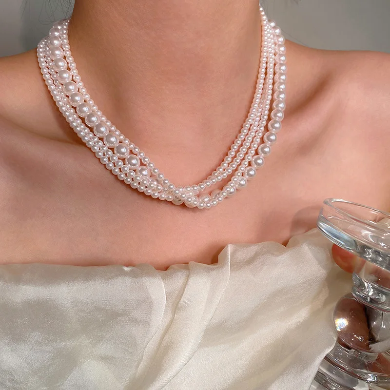 Luxury 4-Layer Multi-strand Faux Pearl Necklace, Oversized Pearl Sweater Chain, Niche Elegant Evening Choker for Women