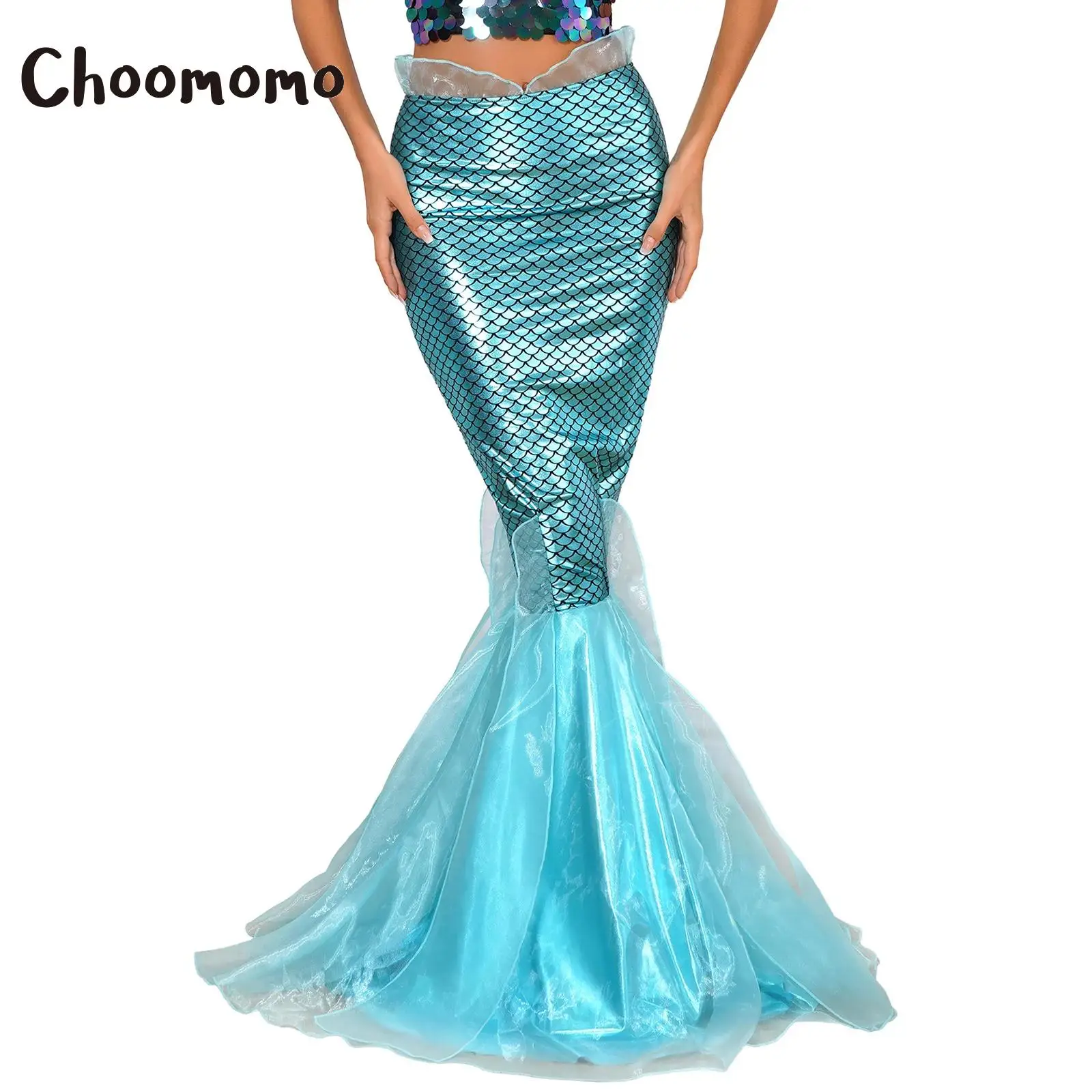 

Womens Mermaid Fish Scale Skirt Hologram Metallic High Waisted Long Maxi Skirts Halloween Cosplay Party Role Play Costumes