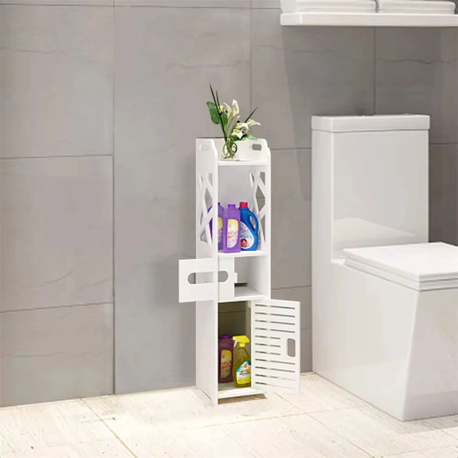 

1 4-Tier Bathroom Standing Shelf Closet Organizer Free Standing Shelves Rack with 2 Doors Carved Stand Cabinet D