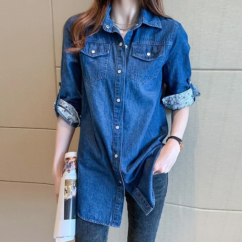 Spring New 2024 Vintage Denim Button Up Shirt Coat Korean Long Sleeve Top Women Jacket  Loose Casual Blouse Women 11968