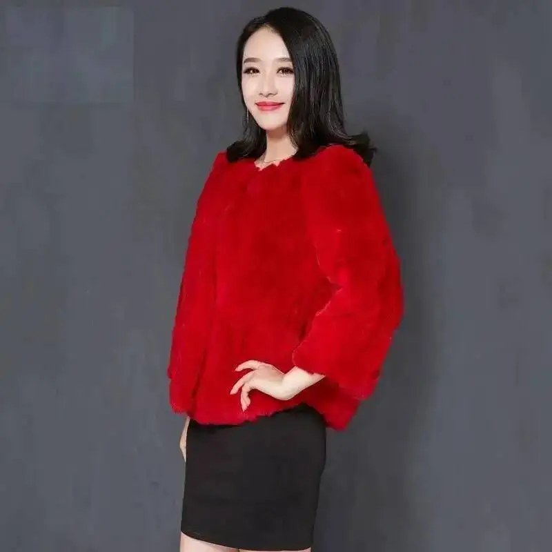 Real Rabbit Fur Coat For Women Winter Fashion Genuine Rex Rabbit Fur Jackets Female Short Style Warm Black Long Sleeve Overcoat