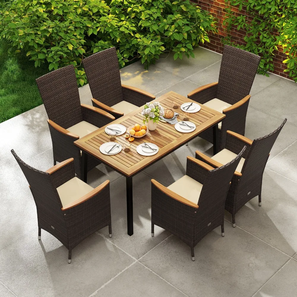 

7PCS Patio Wicker Armchairs Acacia Wood Table w/Umbrella Hole Cushions Outdoor