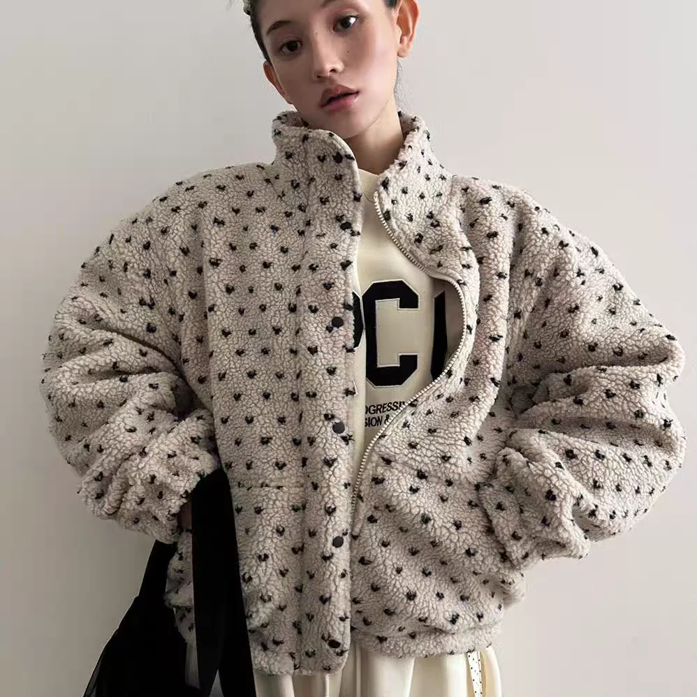 Warm Lamb Fur Coat Polka Dot Stand Collar Heart aped Korean Sle Women's Outerwear Suitable for All Seasons