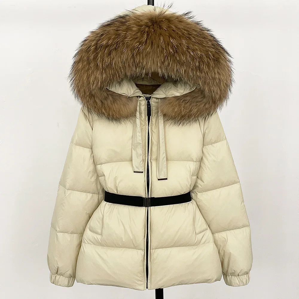 

Down Jacket Hooded Natural Raccoon Fur Warm White Duck Down Coat Women Winter Real Fur Collar Fashion Female Puffer Jacket
