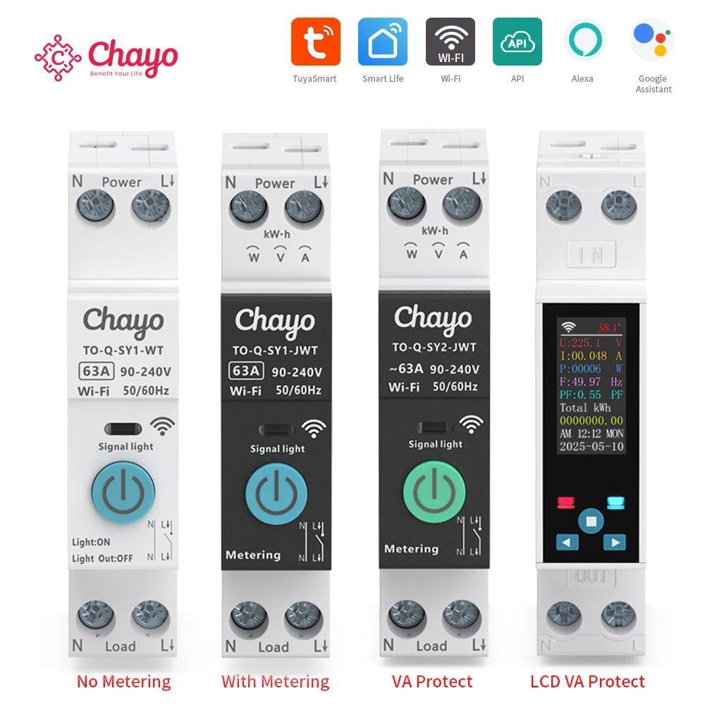 Chayo Tuya WiFi Smart Circuit Breaker 1P+N 63A SY1 / SY2 DIN‑Rail Energy kWh Volt‑Amp Monitor Timer Voice Remote Home Protection
